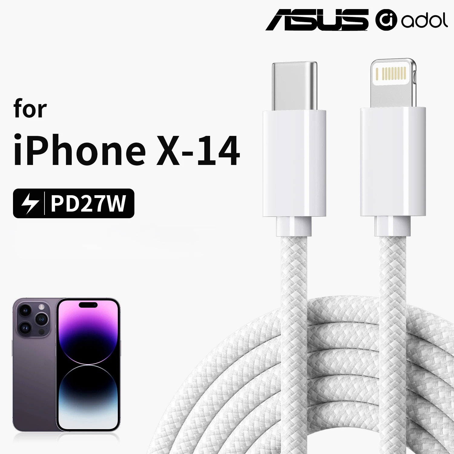 ASUS PD27W USB‑C to Lightning Braided Cable CarPlay Data Charging Cord for iPhone 14 13 12 11 Pro Max XR XS X iPad 3.28ft/6.56ft