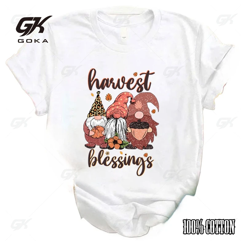 Fall Gnome Harvest Blessings Letter Printed Women T-Shirts Fall Gnome Harvest Blessings Short Sleeve Shirts Summer Round Neck