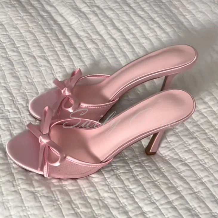 

Bow Mesh High Heels Pink Round Toe Stiletto Heel Slip On Designer Brand Outside Solid Color Low Heel Girl Cool Slippers