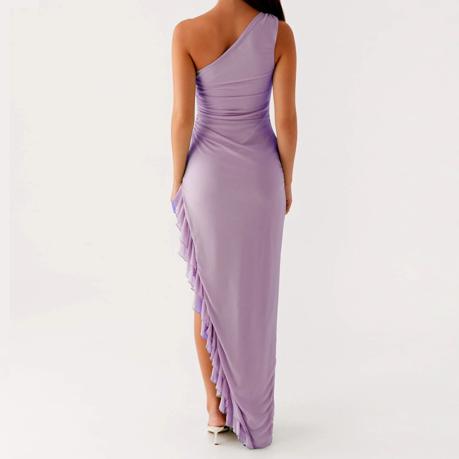 Women's Summer y2k Fairy Sleeveless One Shoulder Dress Solid Color Ruffles Elegant Backless Slim Fit Long Dress Club Party