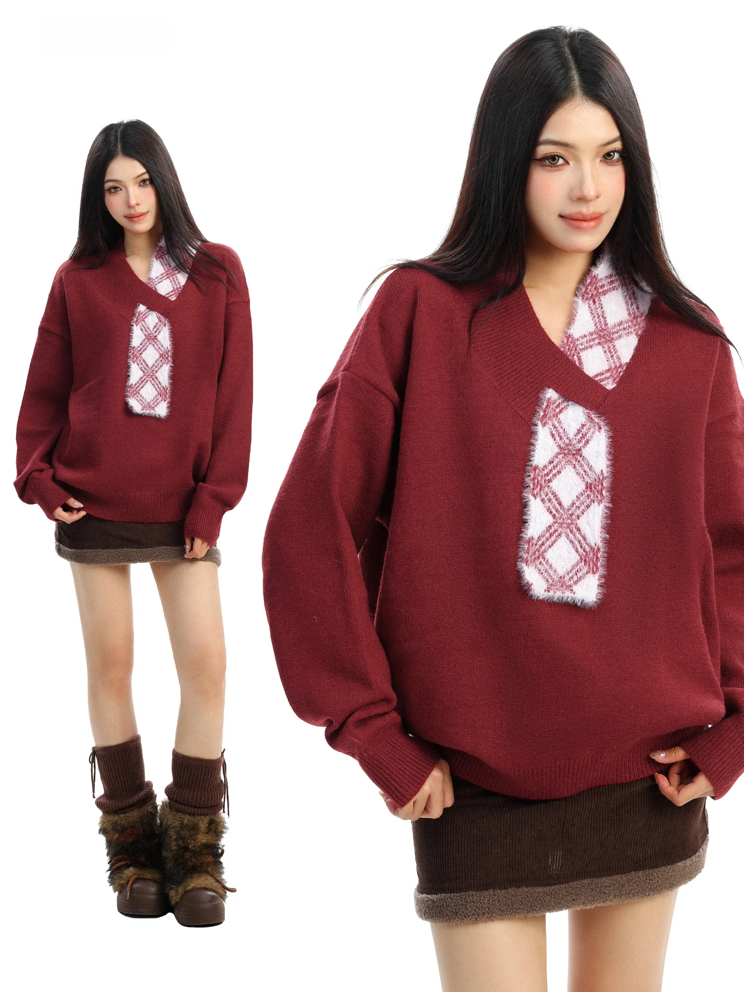 

Red Diamond Pattern V-Ne Sweater Women's Loose Comfortable Sle Winter Faion Ne Warmer Top Retro Sle Knitted Sweater