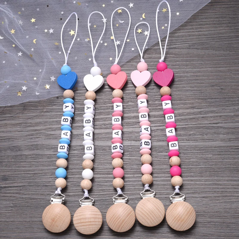 Baby Beech Wood Pacifier Clip Personalized Name Silicone Beads Nipple Chain Anti-Drop Teether Teething Chain Nursing Shower Toy