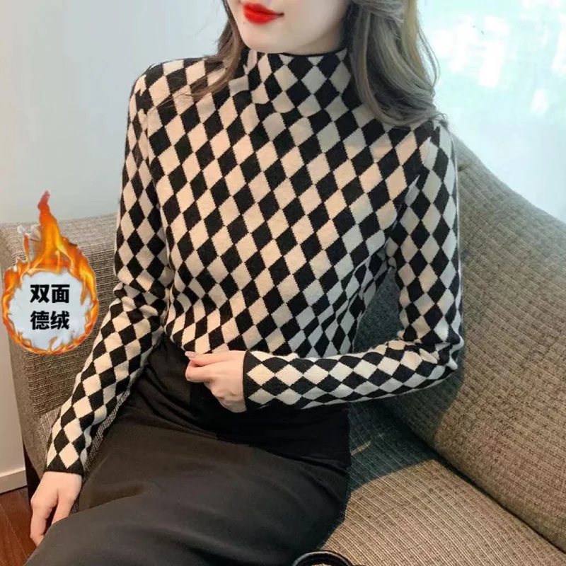 Autumn Winter New Fleece Plaid Print Bottoming Shirt Long Sleeve Half High Neck Plus Size Tops Tees Vintage Casual Women Clothes