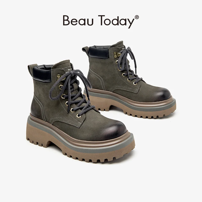

BeauToday Ankle Boots Women Lace Up Round Toe Chuny Sole Square Heel Genuine Cow Leather Autumn Ladies Shoes Handmade 04619