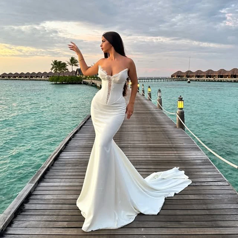 Eightree Formale Meerjungfrau Brautkleider Schatz Sweep Zug Satin Brautkleid Weiße Spitze Hochzeit Ball Ballkleider Maßgeschneidert