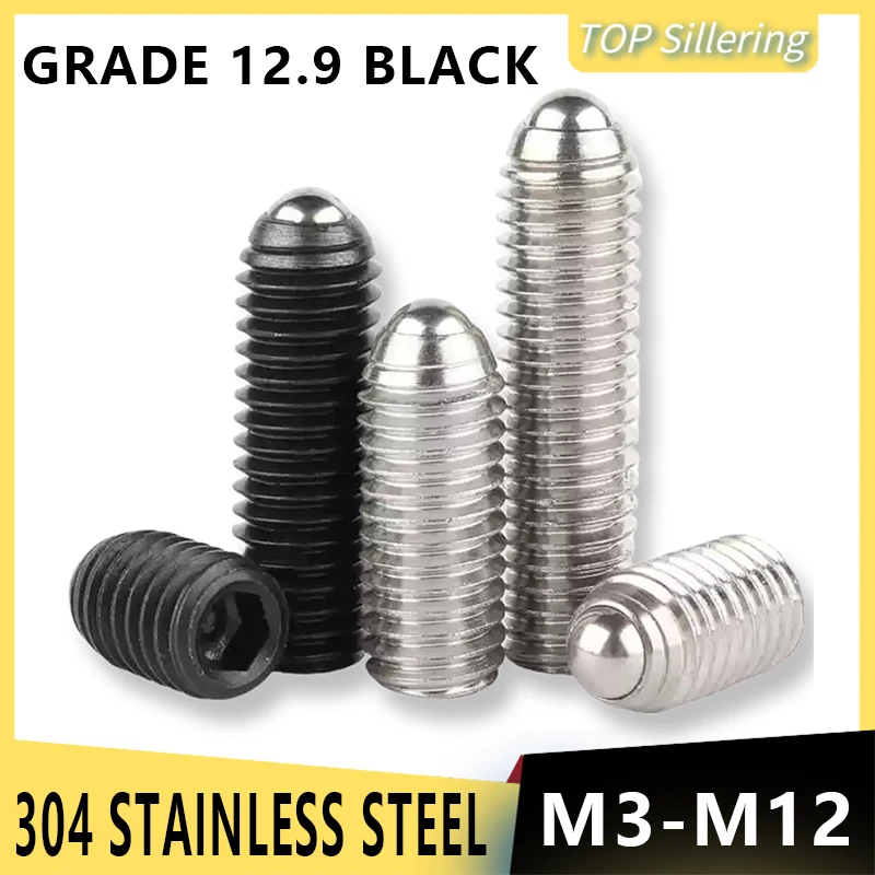Black Grade 12.9 304 Stainless Steel Hex Socket Allen Spring Ball Plunger Grub Point Set Screw Bolt M3 M4 M5 M6 M8 M10 M12