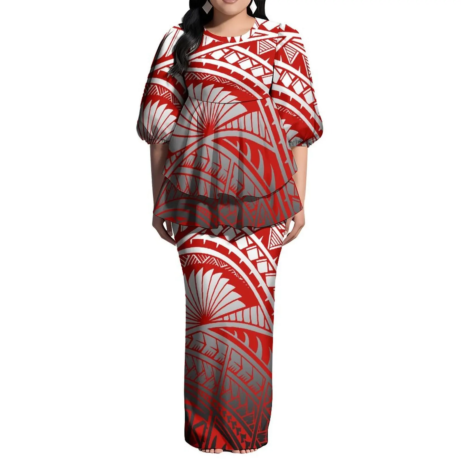 فستان بدلة Puletasi عصري بأكمام منتفخة ورقبة دائرية وحاشية مزدوجة فستان نسائي مخصص من البولينيز #3