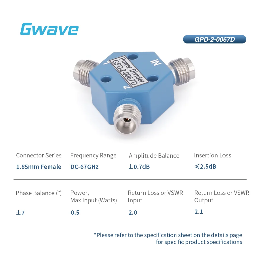 Gwave GPD-2-0067D 2-Way 1.85mm 50 Ohm Coaxial Power Splitter For Telecom DC To 67 GHz 0.5 Watt Rated