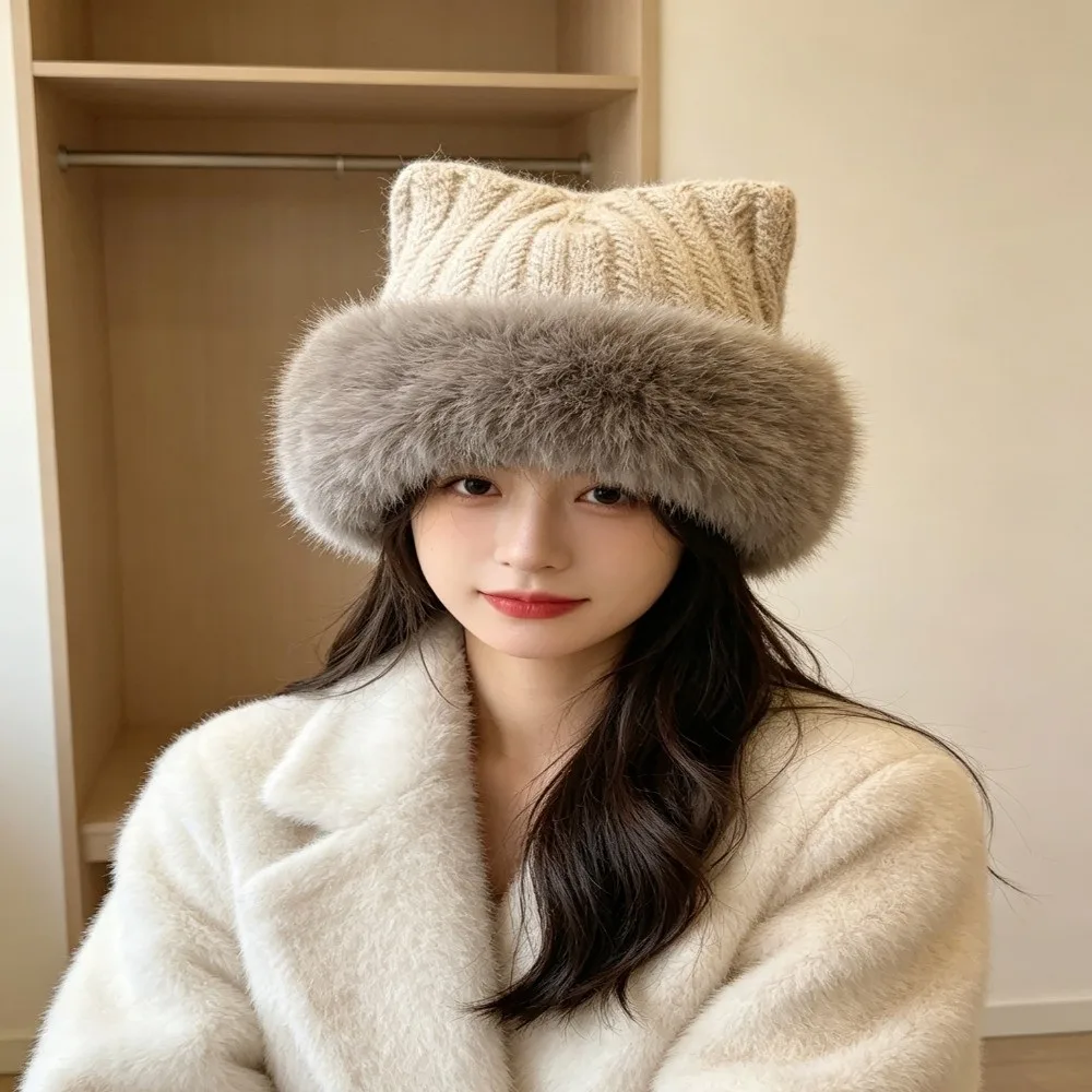 Polyester Fuzzy Knitted Bucket Hat 56cm To 60cm Head Circumference Earflap Winter Ear Protection Hat Faux Fur Brim