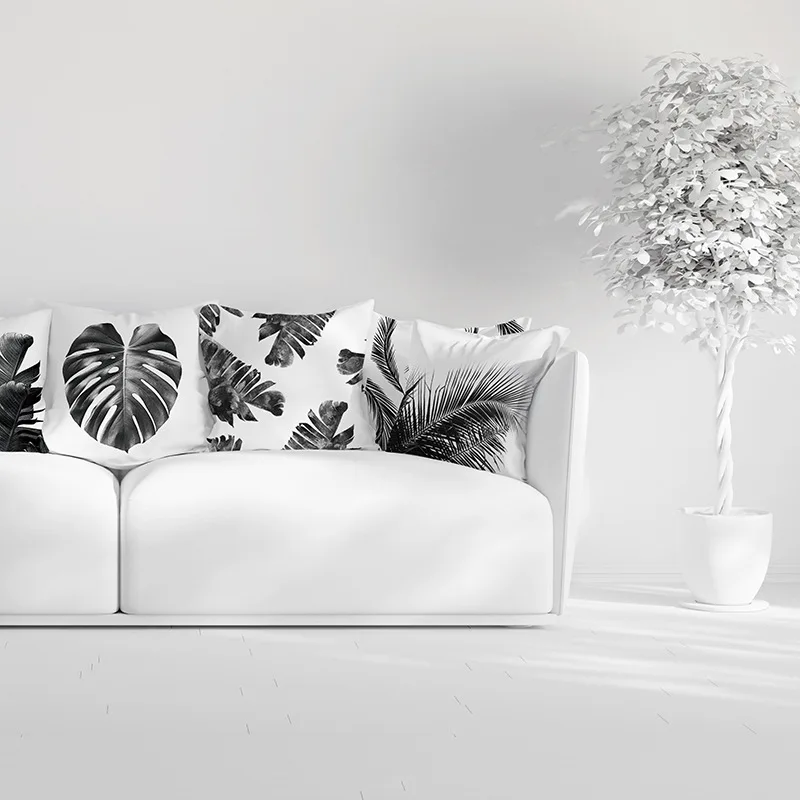 Ink cushion cover 45x45 black and white leaf print decoration sofa   polyester pillowcase