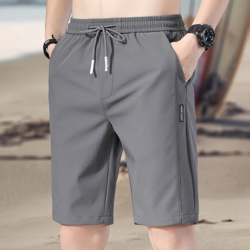 Men Summer Casual Shorts Elastic Waist Drawstring Straight Solidcolor Ice Silk Sports Thin Pocket Knee Length Pants Men Clothing