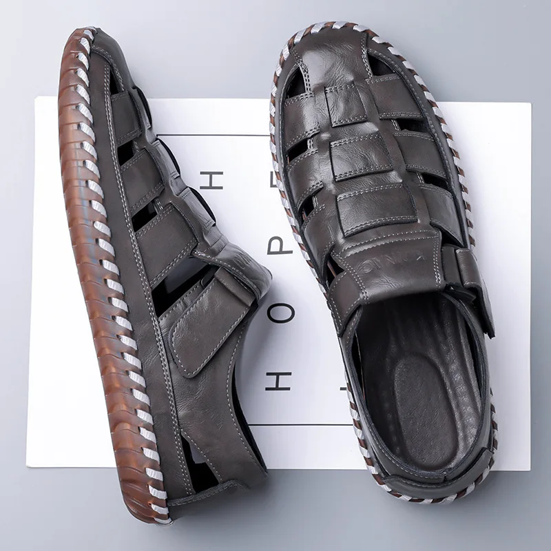 All Match Fashion Round Head Cutout Soft Leather Sandals Men's Platform Shoes 2026 Summer Flat Heel Business Dress Shoes Office