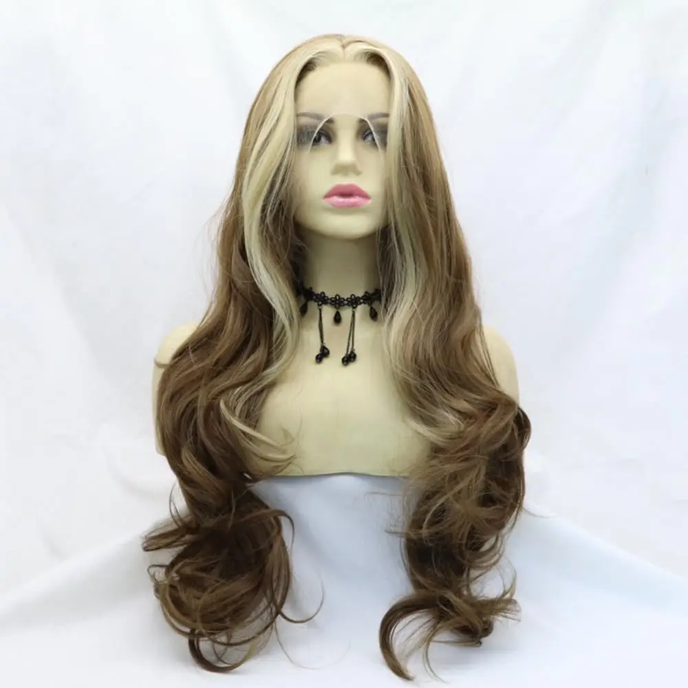 Sylvia Brown Stripe Blonde Synthetic Lace Front Wig Hightlight Wig Heat Resistant Fiber Long Wavy Wigs