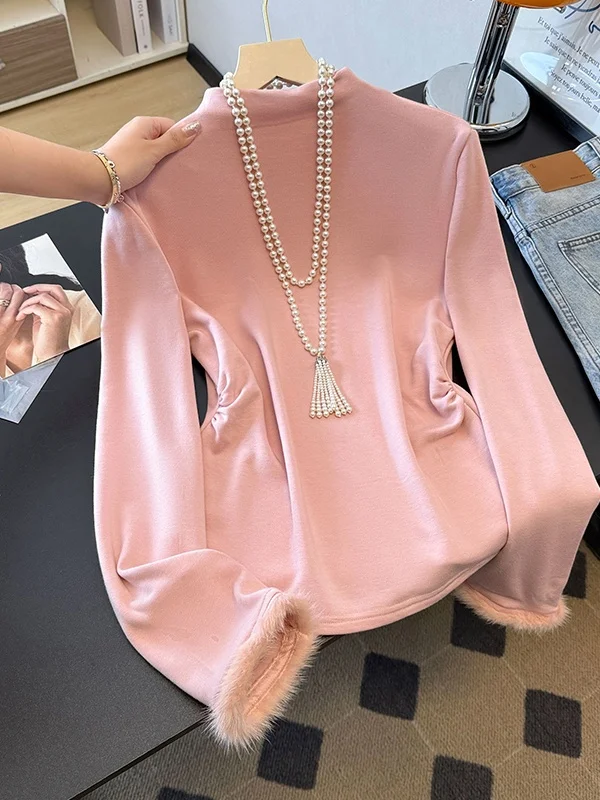 New Chinese Style Long Sleeve Base Shirt Half High Collar Mink Fur Design Versatile Inner Wear Slimming Top Women's Fashion