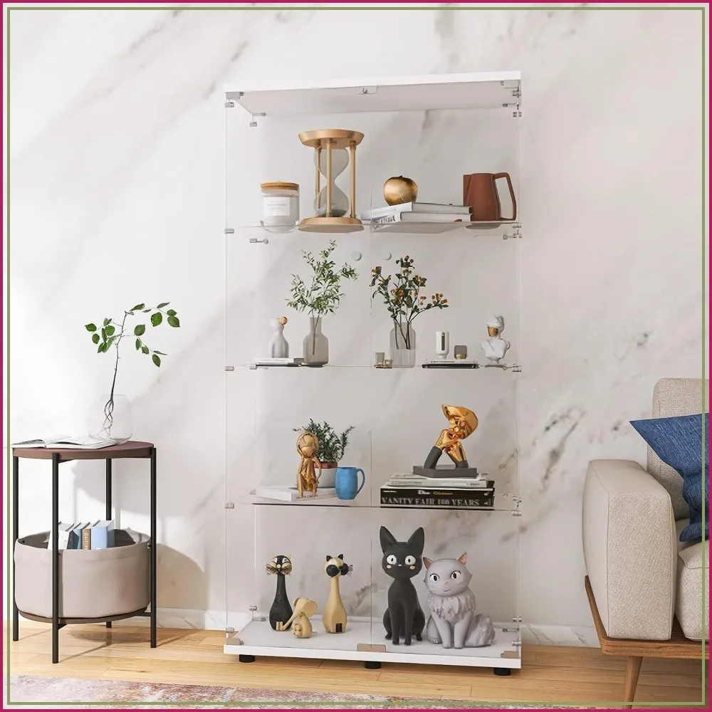 4-Tier Glass Display Cabinet with Lock, White Display Case for Collectibles