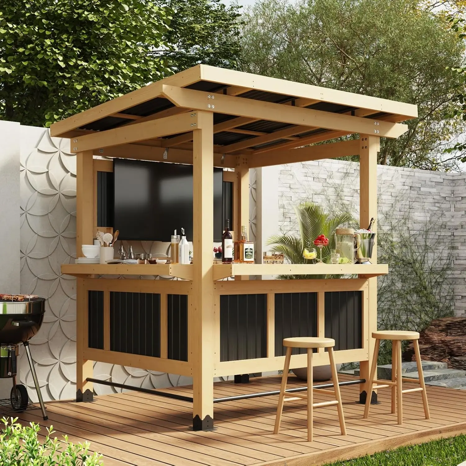 7FT Grill Gazebo with TV Mount, Cedar Wood Bar Gazebo Outdoor Bar Set with PVC Roof, Dual Countertop, Shelves,, Customized