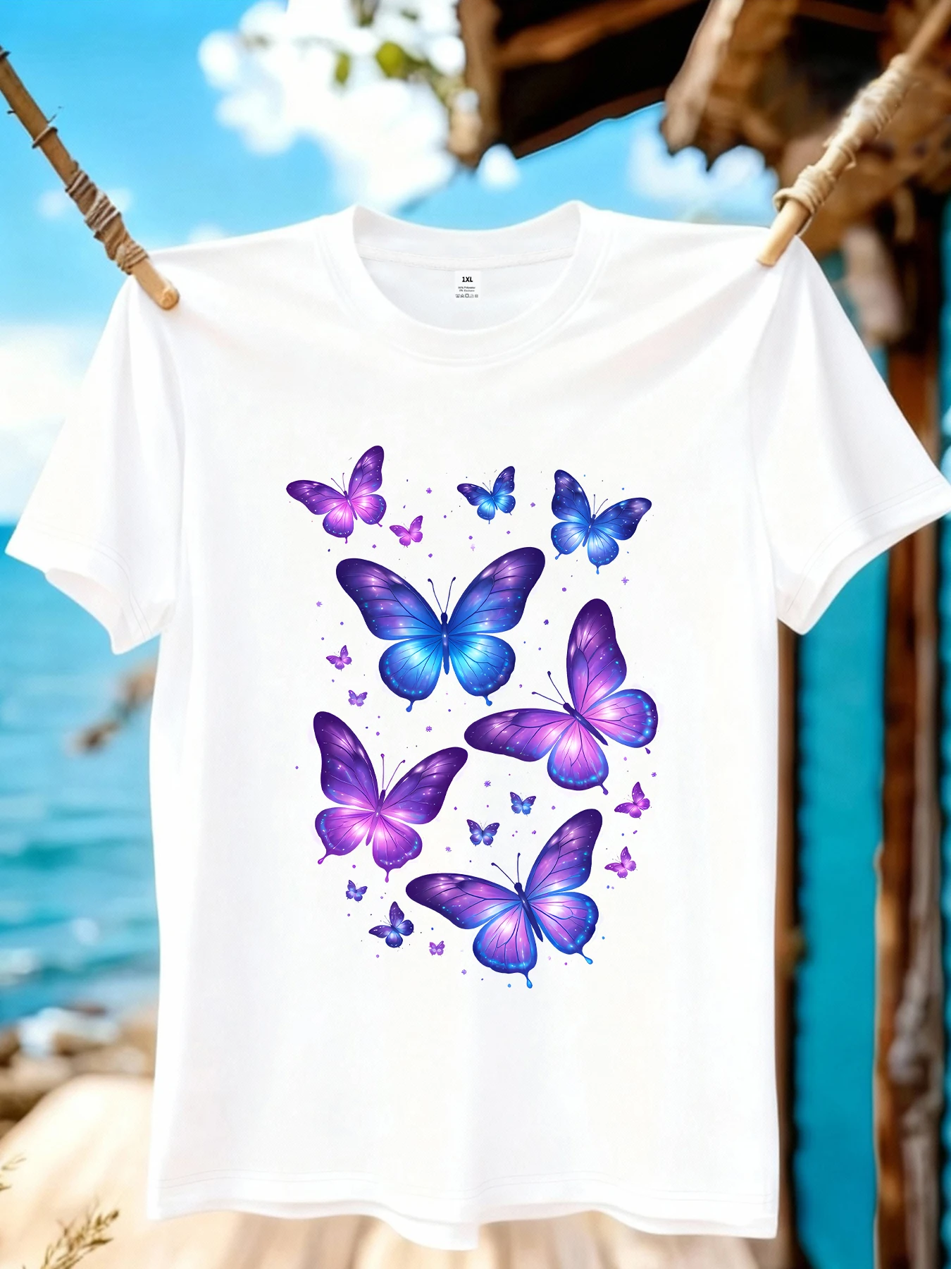 【WZM10962】Butterfly print plus size women's round neck summer casual short sleeved street fashion versatile plus size T-shirt
