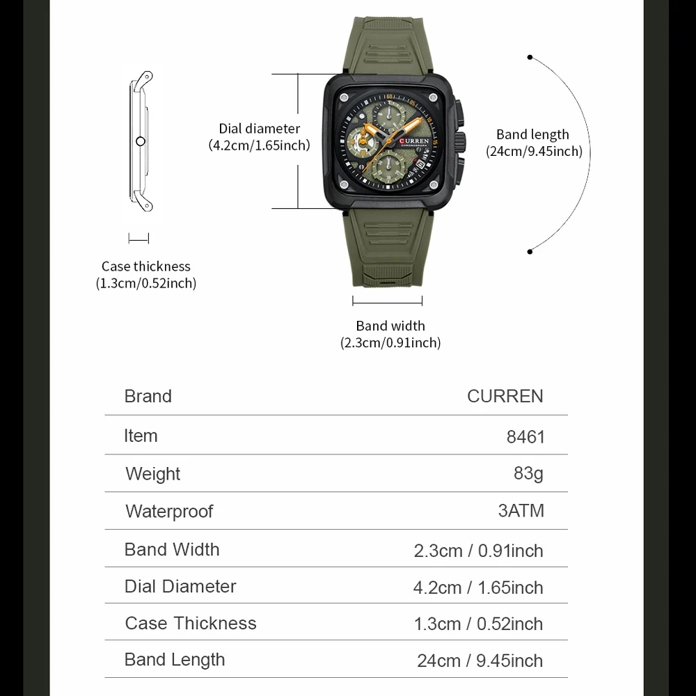 CURREN Chronograph Watches for Men Luminous Hands Sporty Unique Square Dial with Auto Date Waterproof Wristwatch Silicone strap