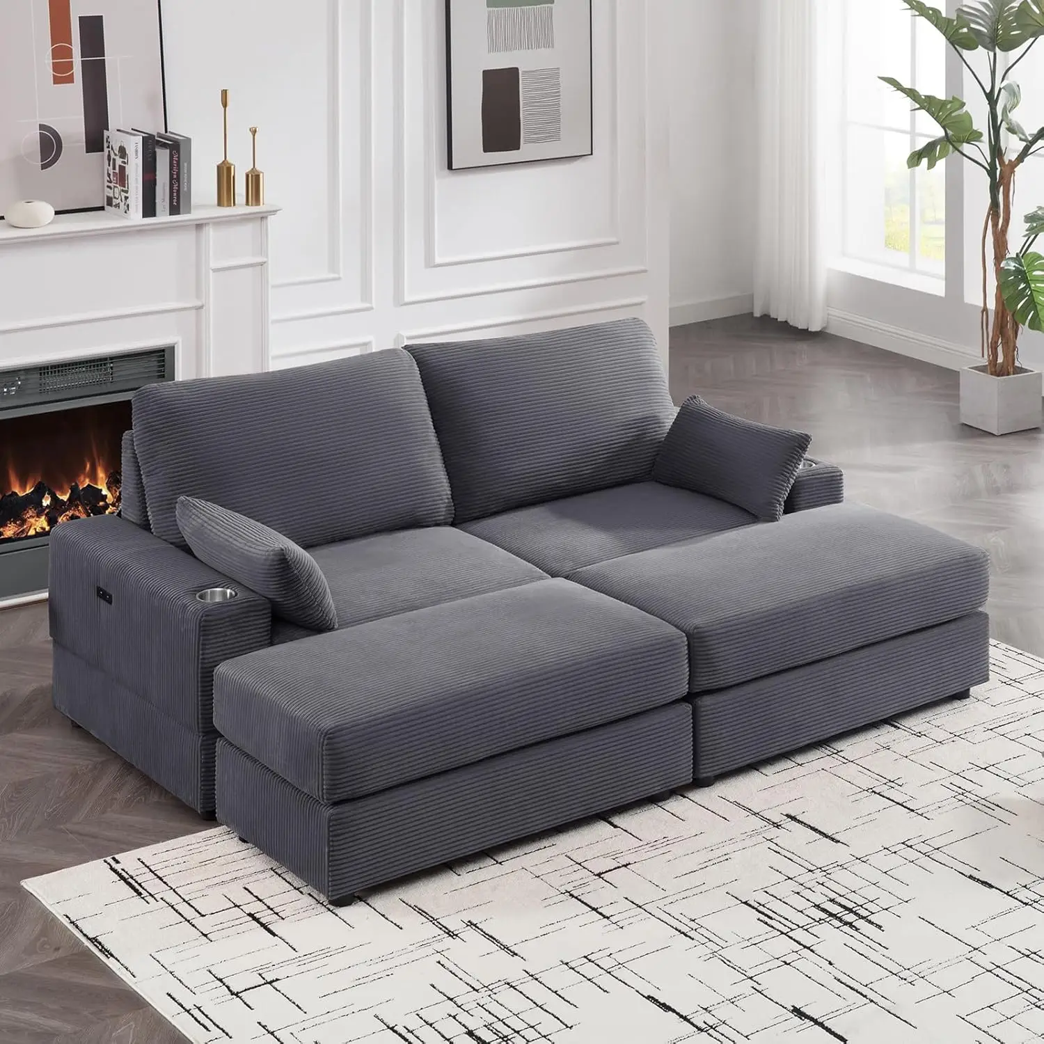 

82.7” Corduroy Sectional Couch, Double Chaise Lounge Sofa, Deep Seat Oversized Loveseat with Ottomans, Cup Holder & USB Port