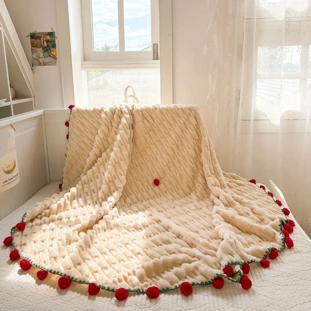 

Fashion Fleece Rose Bouquet Blanket Warm Finished Floral Throw Blanket Handmade Soft Hand-Knitted Rose Blanket Photo Prop