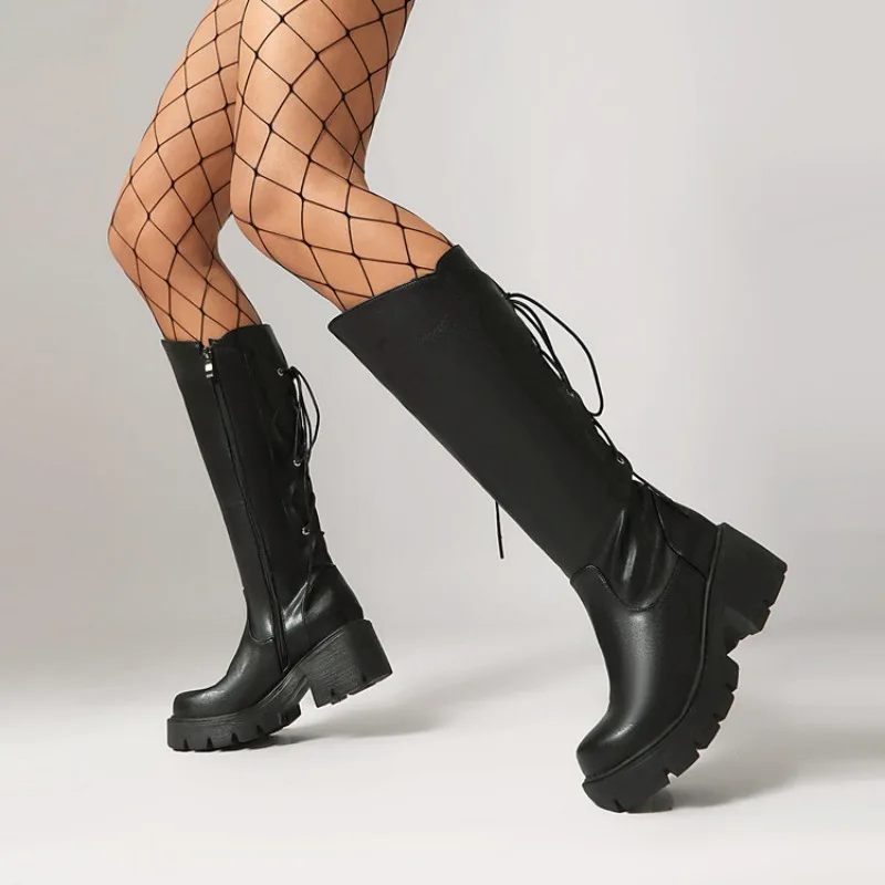 2026 Spring and Autumn New Fashionable High Heels Women's Knee Boots Cross Strap Casual Design Mid Top Boots