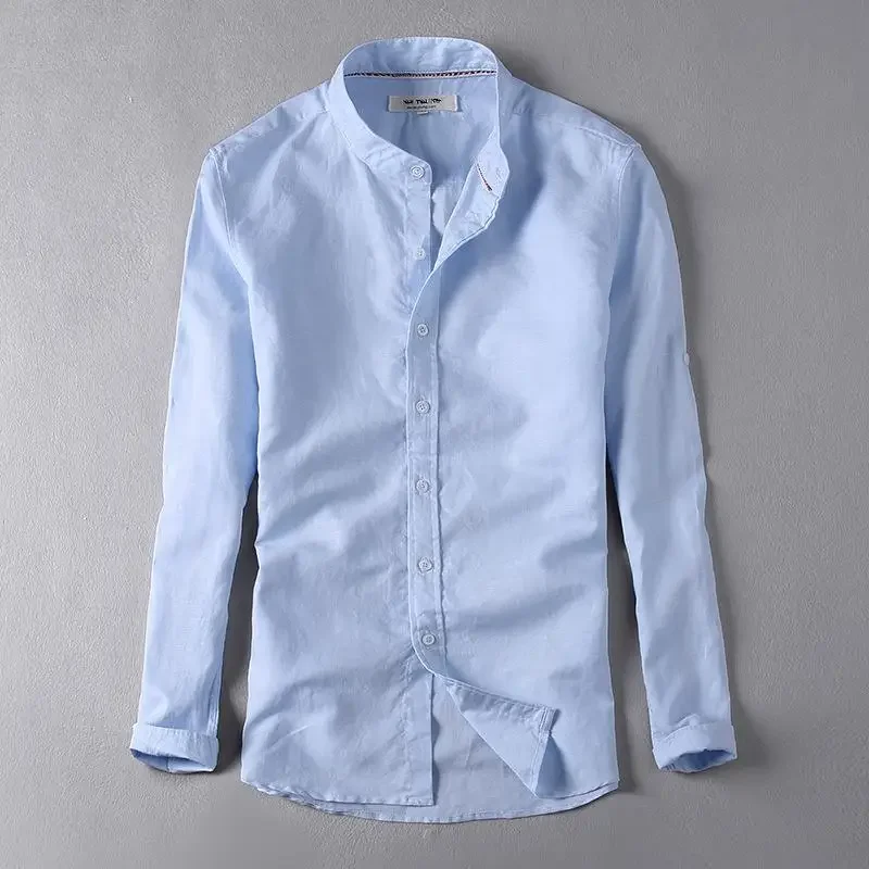 Mens Shirts Long Sleeve Cotton Linen Mandarin Collar Casual Shirt Male Dress Shirts Slim Fit  Shirt Men Chemise Homme TS-225