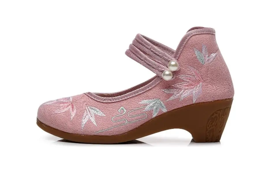 Women Ankle Button Strap Pumps Ethnic Embroidery Mary Jane Dress Shoes Mid Heel Cotton Fabric Espadrilles Vintage Sandals