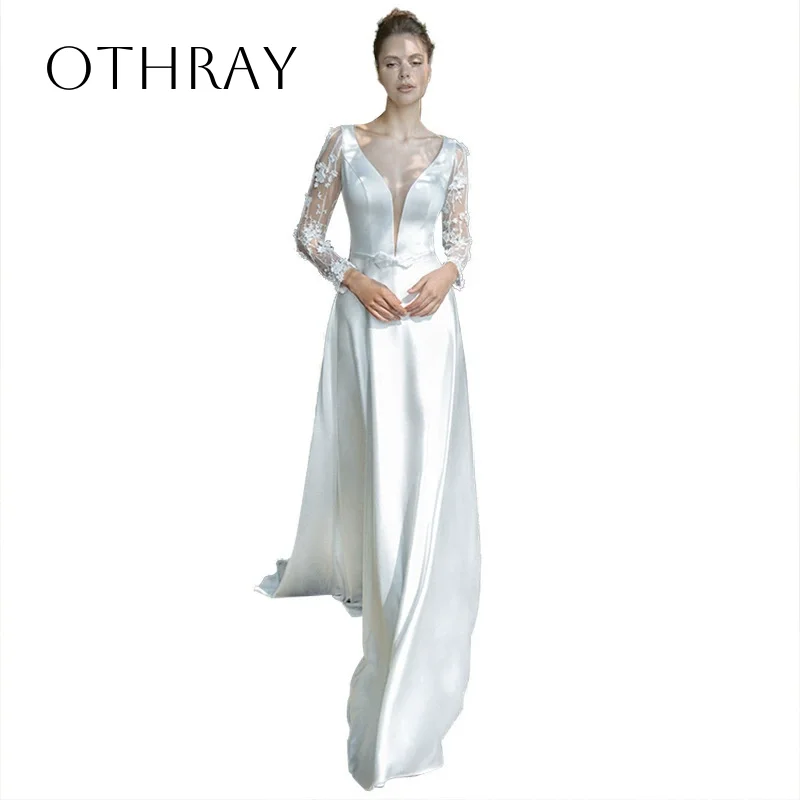 V-neck Long Sleeves A-line Bridal Wedding Gowns Backless Sash Satin Floor Length Customized свадебное платье
