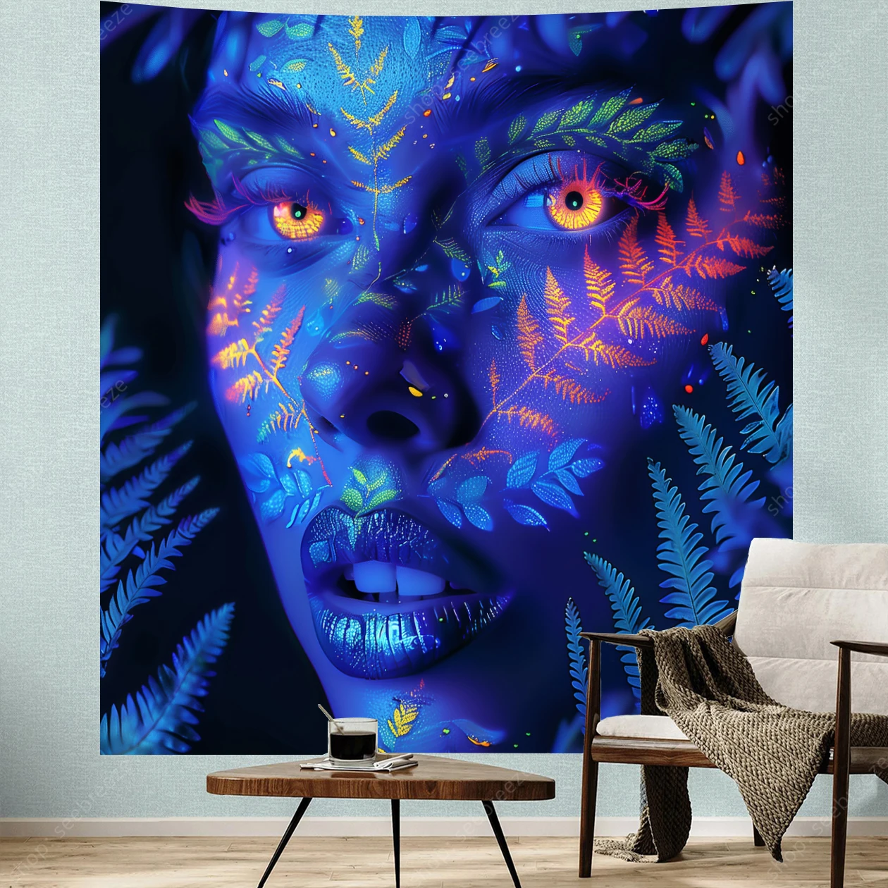The Face of Beautiful Woman UV Reactive Tapestry Pteridophyte Neon Backdrop Wall Tapestry Room Decor Aesthetic Gift for Friends