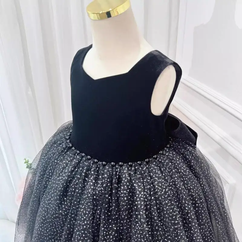 2024 Black Sleeveless Fluffy Girls Dress Butterfly Knot Backless Princess Dresses Dance Performance Evening Costume for Children