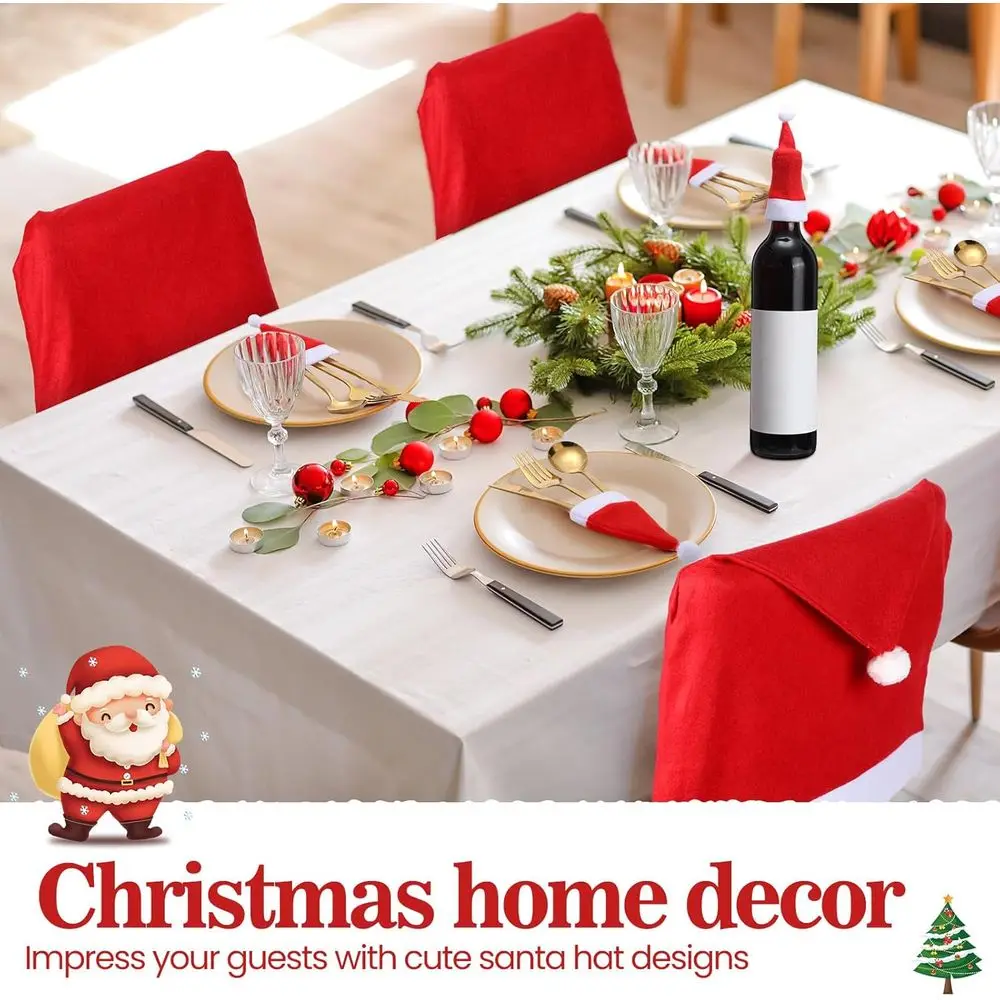 Chumia 72 Pcs Christmas Chair Covers and Santa Hats Silverware Holders Red Christmas Dining Chair Back Slipcovers for Xmas Holid