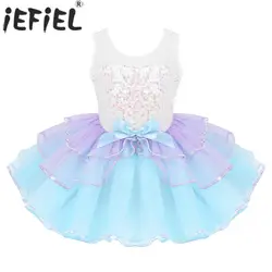 Kids Girls Shiny Sequins Ballet Dance Tutu Dress Ballerina Gymnastic Leotard Bowknot Mesh Splice Dancewear Performance Costume