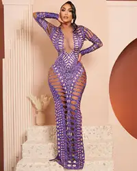 Women's Solid Color Fashion Perspective Slim Fit Deep V-Neck Long Sleeve Maxi Ball Diamond Cutout Sexy Party Evening Dresses