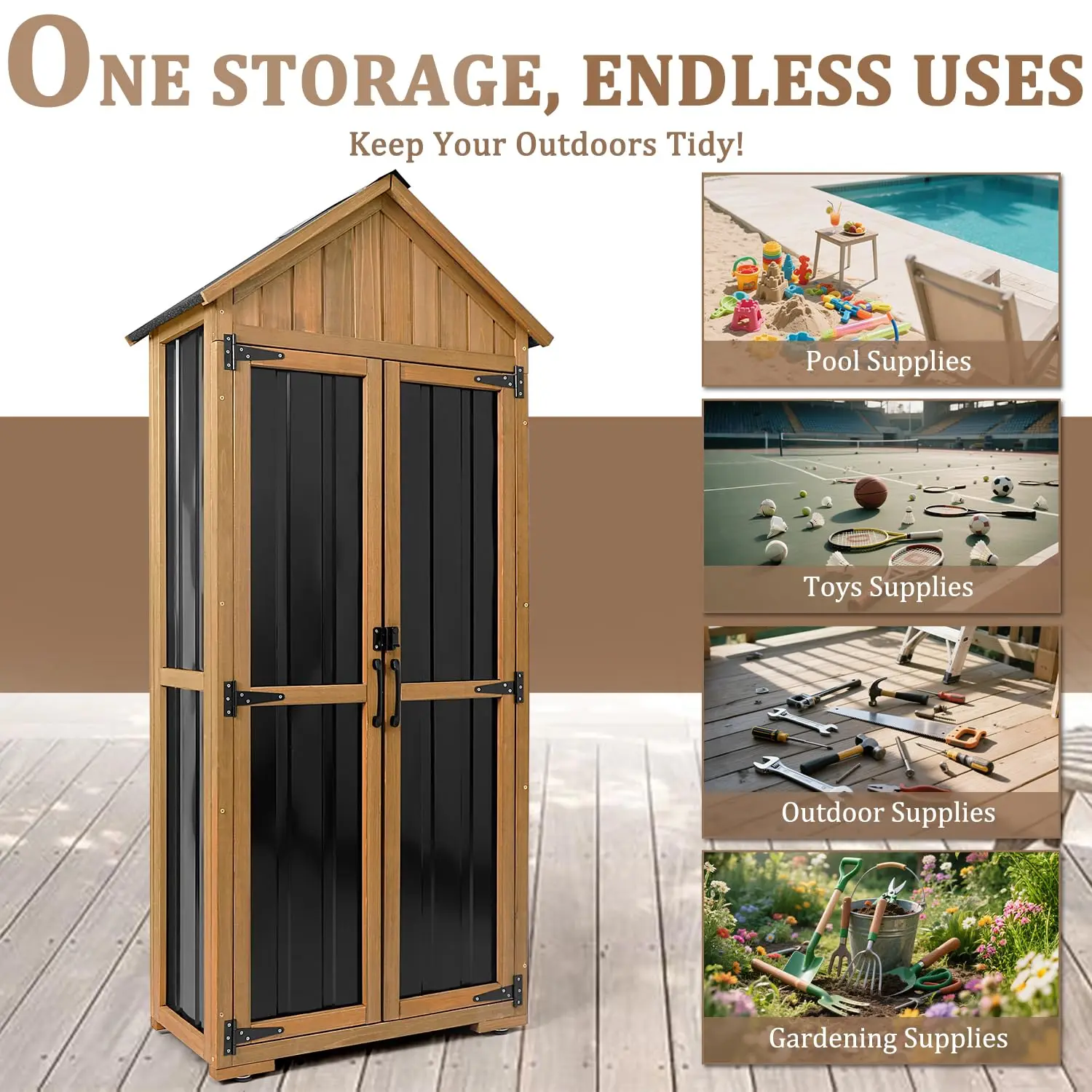 Outdoor Storage Cabinet Waterproof Shed with Shelves, Wood & Metal Patio Backyard Garden Tool Organizer for Outside, Customized view 5