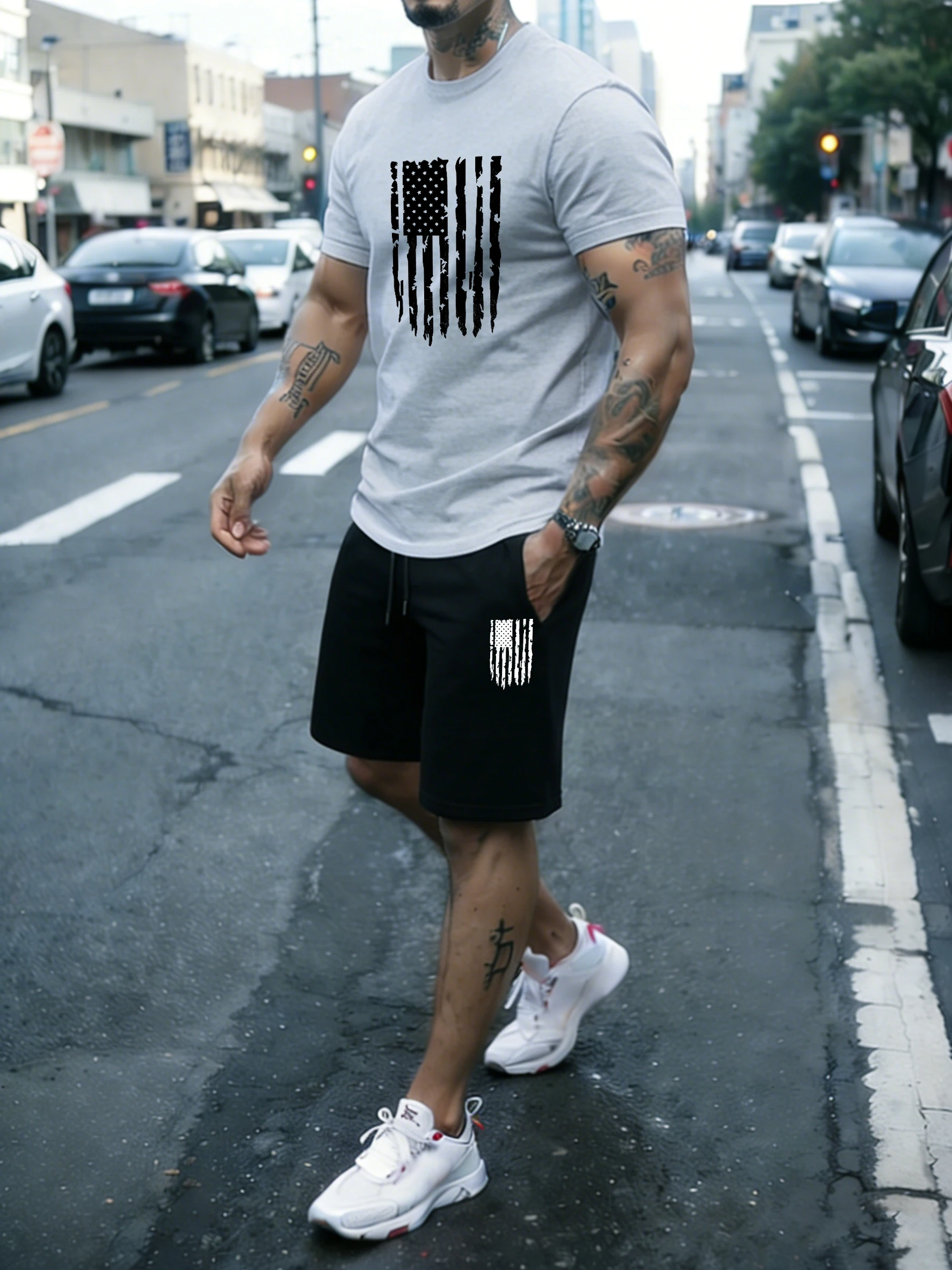 

Distressed American Flag Pattern Cotton Summer Classic Short Suits Mens Soft Pocket Bottom Cool All-Match Commute Streetwear