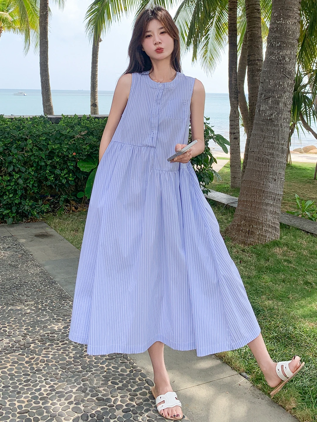 Blue Striped Sleeveless Casual Dress Women's Summer Loose Comfortable Long Dress A-Line Silhouette Breathable Skin-Friendly