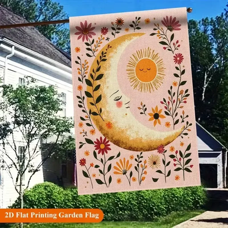 Boho Celestial Sun-Moon Floral Garden Flag, Vintage Folk Art Sleepy Face Crescent Moon Wildflower Daisy Design, Waterproof Cottagecore Farmhouse Outdoor Decor for Lawn Patio Front Porch (Neutral Pink, Spring-Summer Use)
