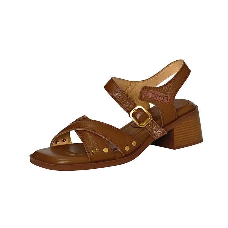 Sandals Straps Fashion Womens Shoes 2025 Cross-Shoes Suit Female Beige Med High Heels  Luxury Outside Comfort Black New Medium H