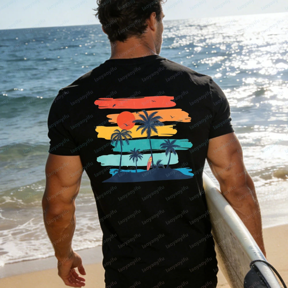 Retro Sunset Palm Tree Beach T-Shirt Women Color Block Graphic Tees Casual Short Sleeve Cotton Tops Summer Vacation Surf Shirts