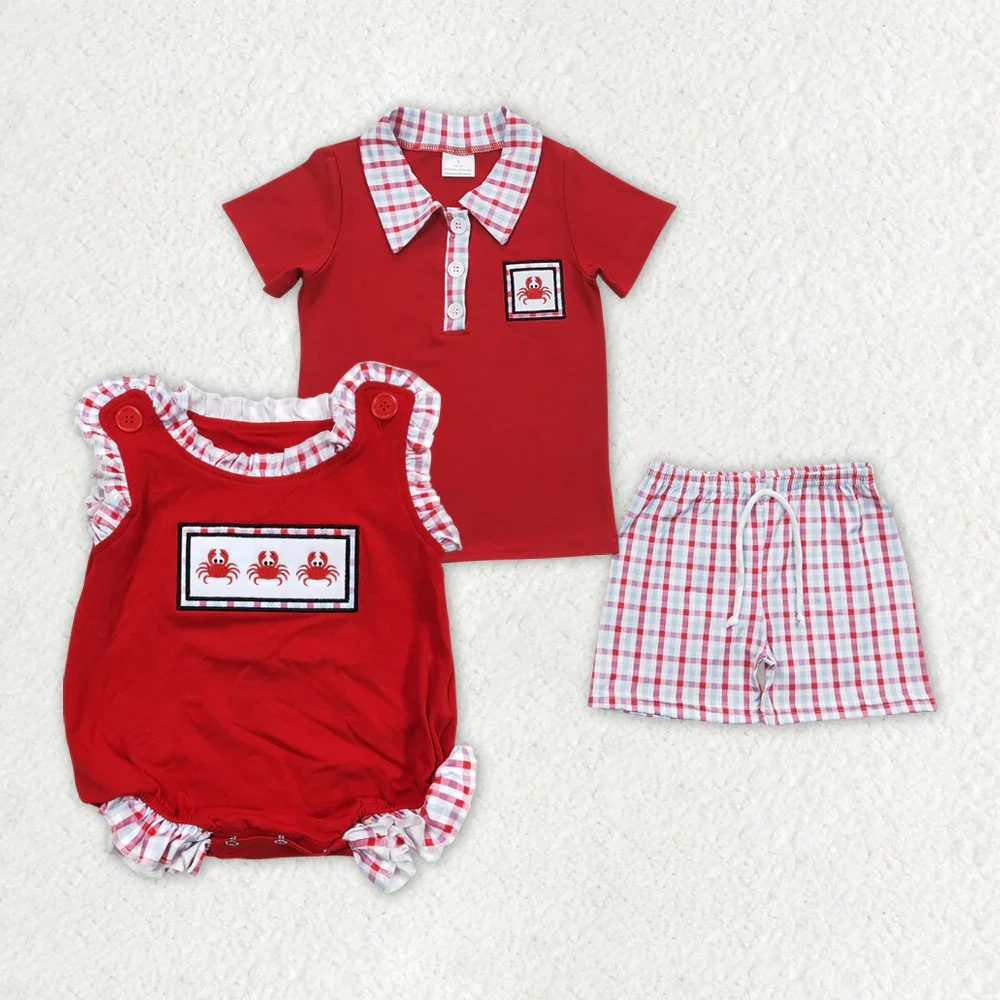 

BSSO0106 Wholesale baby boy clothes Embroidery crab red short sleeve shorts sets Summer toddler kids clothes boys baby rompers
