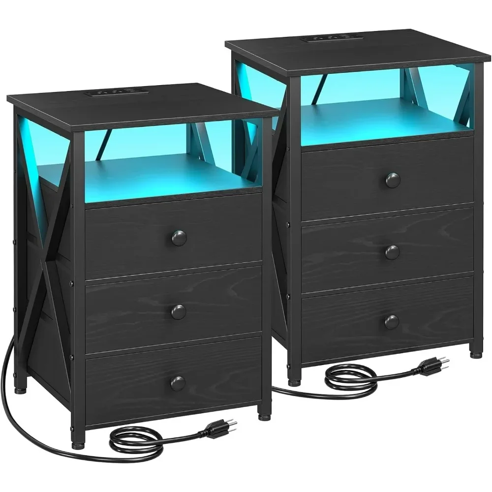 LED Nightstand with Charging Station, End Side Tables with USB Port & Outlet, Bedside Table with Fabric Drawers