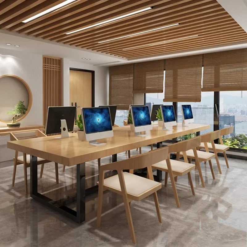 Meja besar kayu polos desain Modern meja konferensi lipat Log meja kerja kantor untuk meja komputer Negosiasi komersial