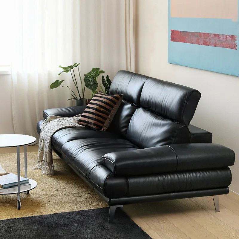 

Italian minimalist all-leather sofa small apartment living room headrest adjustable straight row three-person first-layer cowhid