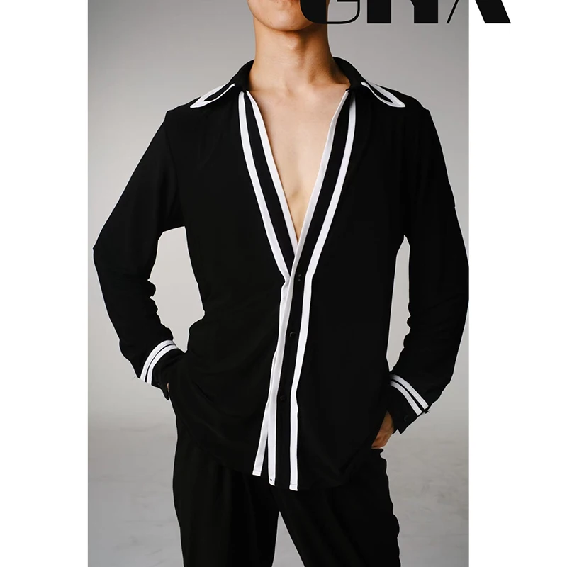 ผู้ใหญ่ชายเสื้อผ้าเต้นรำละตินสีดำคอวีแขนยาวเสื้อเสื้อผ้าการแสดงรุมบ้าซัลซ่าเต้นรำการแข่งขันเสื้อ DNV25918