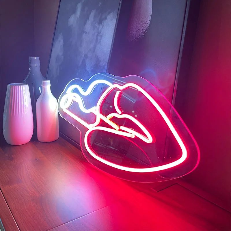 Toysign Neon Lips with Cigarette Light Sign, Retro Smoking Lips Wall Decor for Bar, Bedroom & Party, Unique LED Neon Artwork