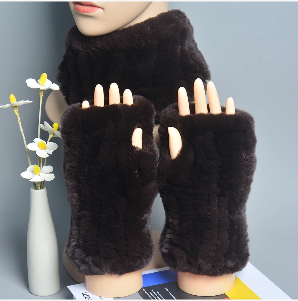 One Set Women Real Rex Rabbit Fur Cuff+Headband Winter Warmer Hat Arm Wrist Sleeve Gloves Female Real Fur Cap+Elastic Wristband