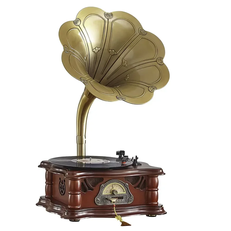 Retro Wooden Vinyl Record Player with Bluetooth FM Radio Built in Speakers Floor Standing Phonograph for Living Room Home