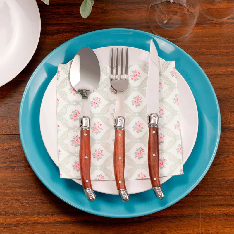 Laguiole Cutlery Wood Handle Steak Knives Dinner Knife Stainless Steel Tableware Table Forks and Spoon set Kitchen 9\