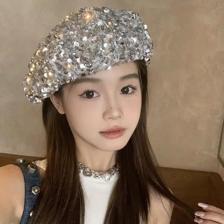 INS Niche Design Sparkling Sequin Beret Hat Female Big-headed Cloud Hat Autumn and Winter Nightclub Costume Hats