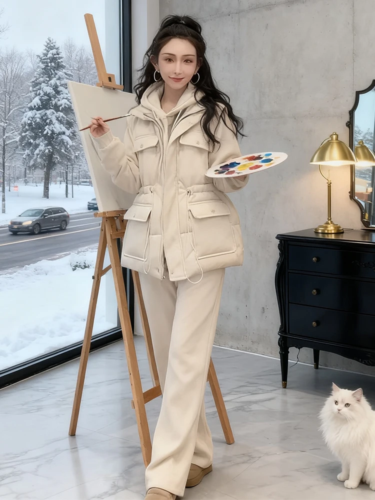 Conjunto de pantalones de pierna ancha Jaet de algodón con forro de Fce para mujer, conjunto de piezas de camiseta informal Spor Lazy Sle, recién llegado de invierno